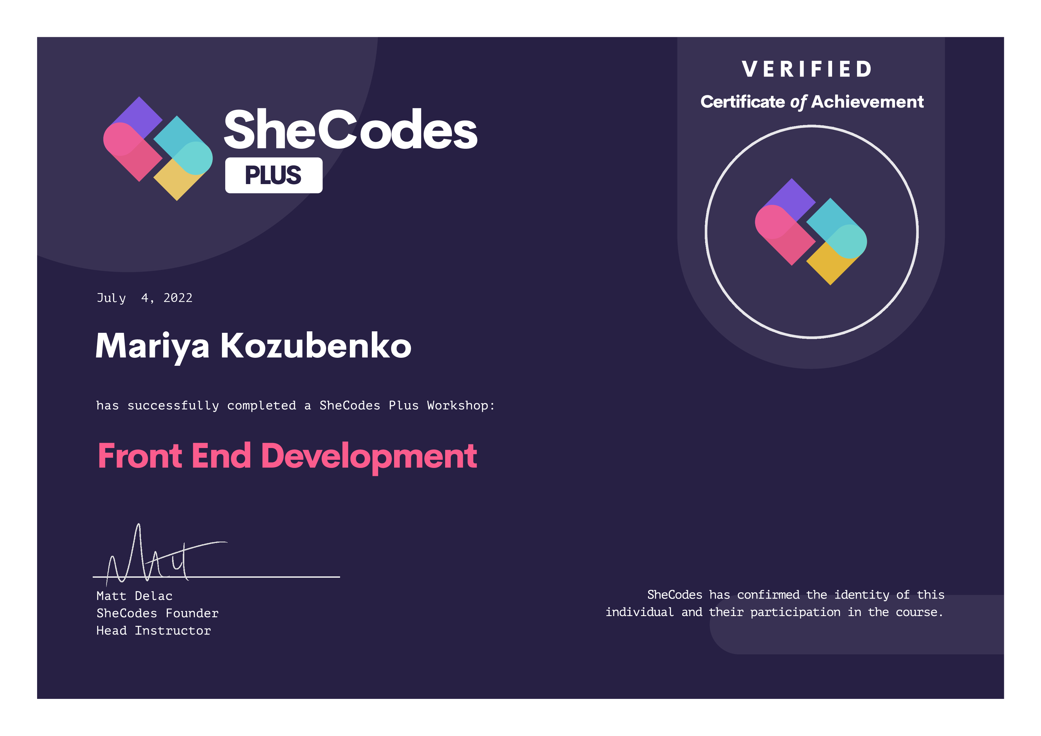 Certificate SheCodes Plus